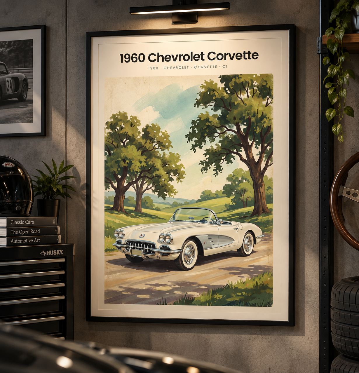 1960 Chevrolet Corvette framed print on a wall