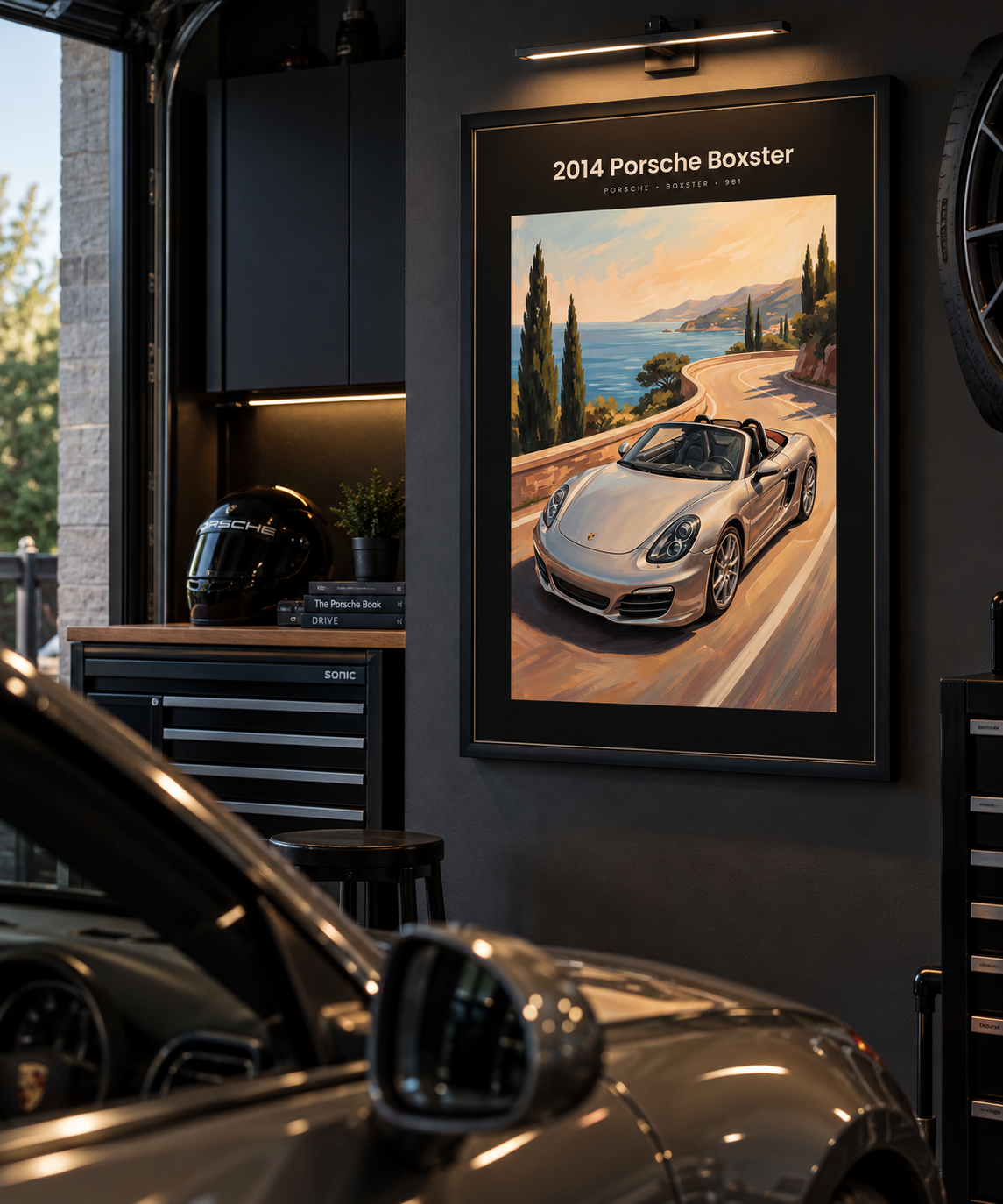 2014 Porsche Boxster framed print in a garage