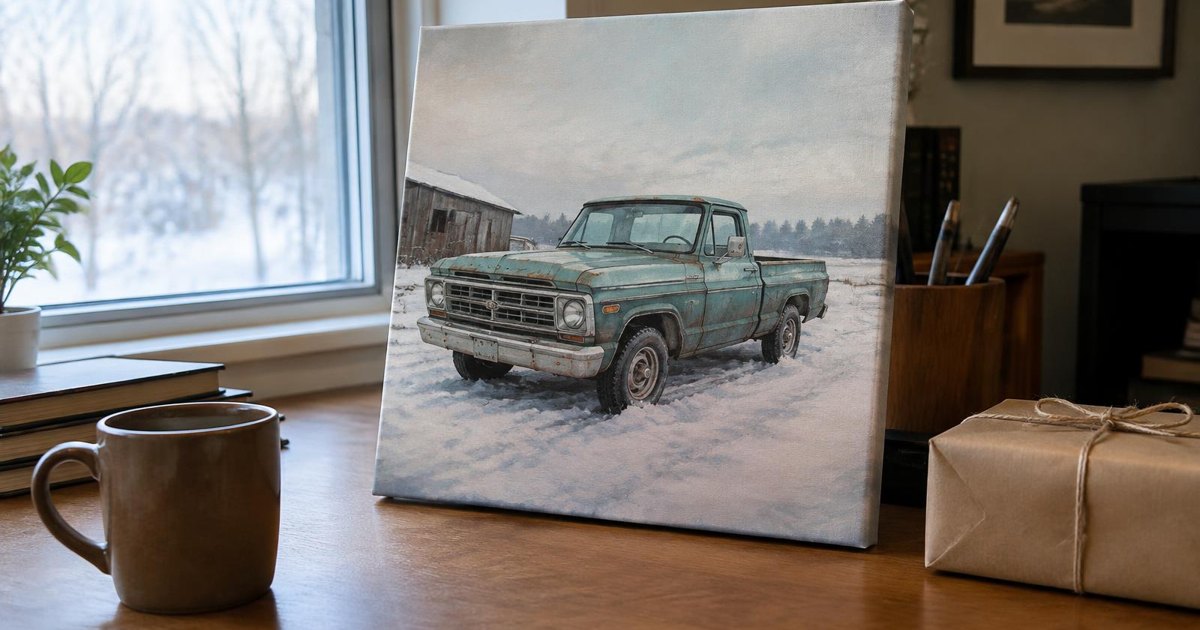 Journal illustration of a square pickup-truck canvas temporarily staged on a wooden desk beside a window and a wrapped gift