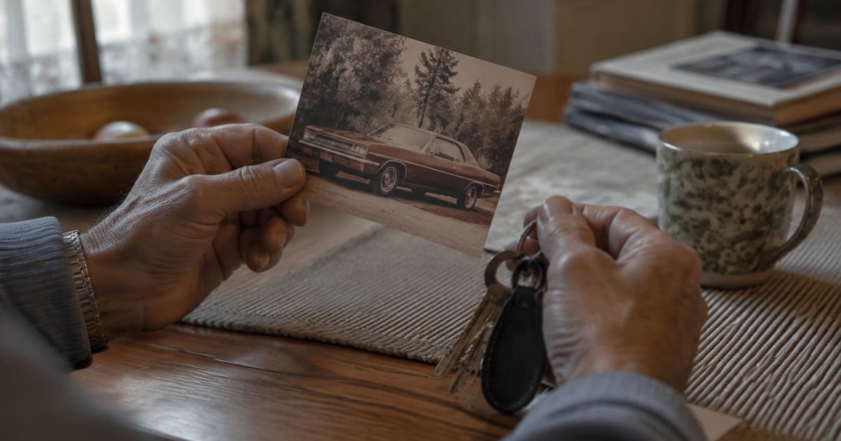 Journal illustration of hands holding an old classic-car photograph and keys at a table