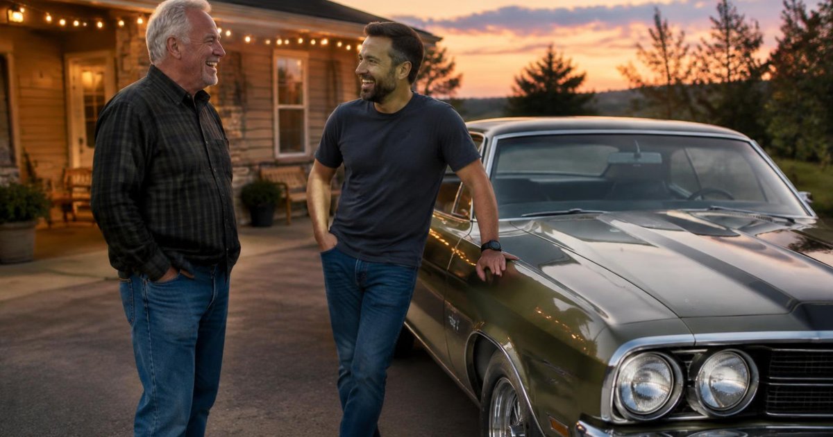 Illustration of two men standing beside a classic car outside a garage at sunset
