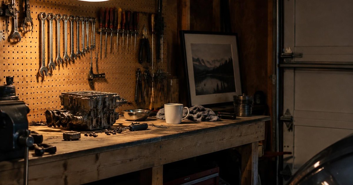 Journal illustration of a warmly lit garage workbench with tools, parts and a framed car print