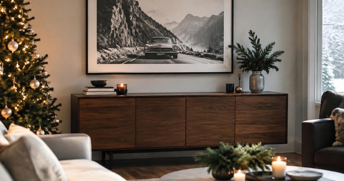 Journal illustration of a framed black-and-white car print above a sideboard beside a Christmas tree