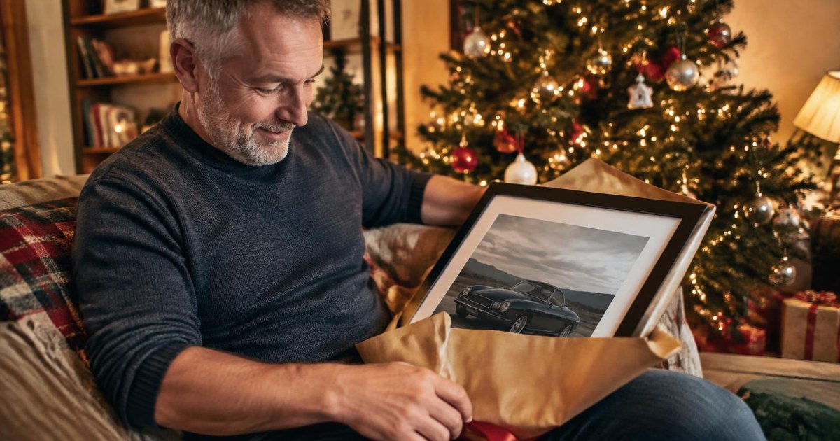 Journal illustration of a seated man holding a framed car print beside a lit Christmas tree